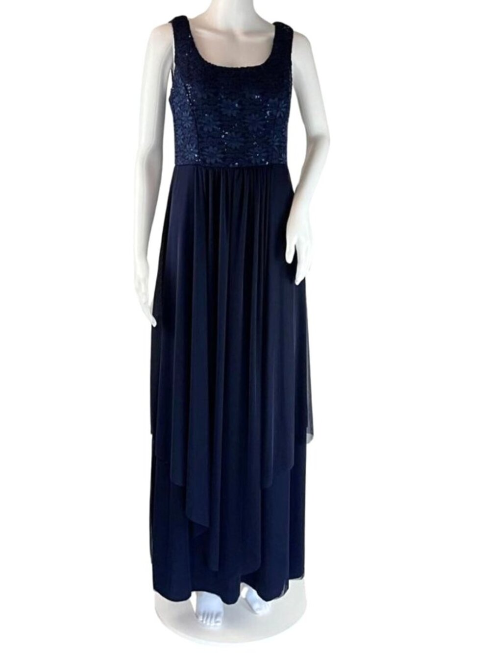 R&M Richards Navy Blue Lace Sequin Bodice Mesh Long Gown Maxi Dress Size 10